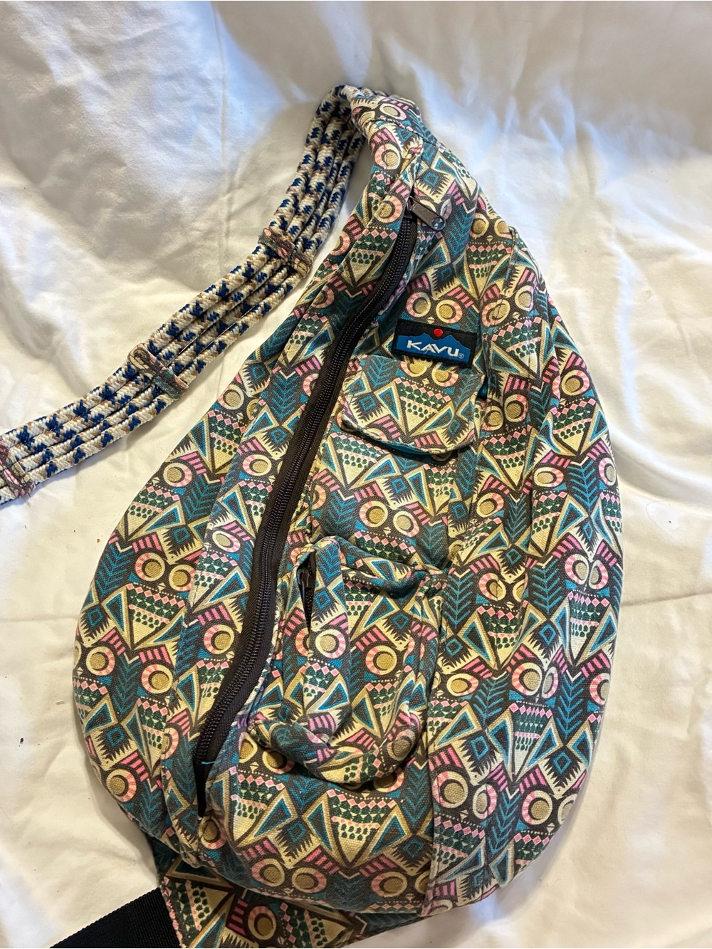 Kavu Teal Multicolor Geometric Rope Sling Bag